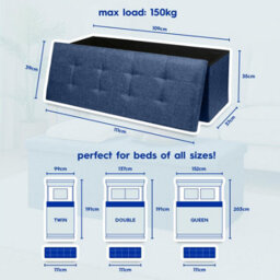 Harbour Housewares Storage Ottoman - 111 X 37 X 39Cm - Navy Linen Large Foldable Bedroom Chest Box Blanket Bench Seat With Lid - thumbnail 2