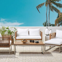 Wyld And Coco Everwood Outdoor Acacia 4-Seater Garden Sofa Set With White Cushions, Slatted Design, Rectangular Coffee Table - thumbnail 2