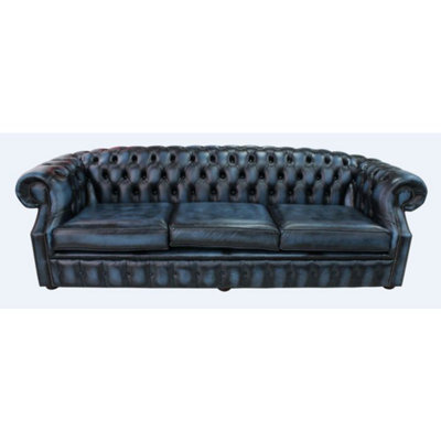 Chesterfield 4 Seater Antique Blue Leather Sofa Bespoke In Buckingham Style - image 1