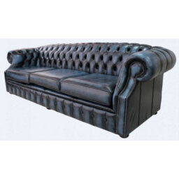 Chesterfield 4 Seater Antique Blue Leather Sofa Bespoke In Buckingham Style - thumbnail 3