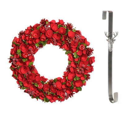 Dibor 42Cm Extra Large Red Rose Front Door Christmas Wreath With Stag Wreath Hanger - image 1