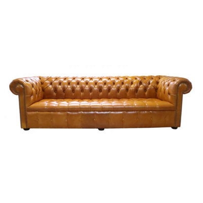 Chesterfield 4 Seater Buttoned Seat Newcastle Spice Real Leather Sofa In Edwardian Style - image 1