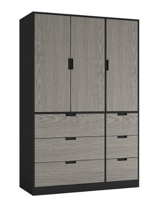 Urbn-Living Urbnliving Wooden 3 Door 6 Drawer Wardrobe Bedroom Storage Closet Shelves Hanging Rail Black Unit - Cedar Grey Doors Drawers - image 1
