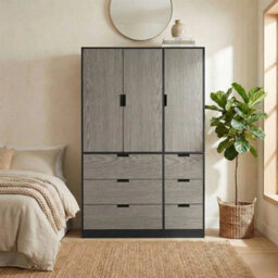 Urbn-Living Urbnliving Wooden 3 Door 6 Drawer Wardrobe Bedroom Storage Closet Shelves Hanging Rail Black Unit - Cedar Grey Doors Drawers - thumbnail 3