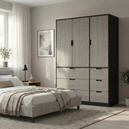 Urbn-Living Urbnliving Wooden 3 Door 6 Drawer Wardrobe Bedroom Storage Closet Shelves Hanging Rail Black Unit - Cedar Grey Doors Drawers - thumbnail 2