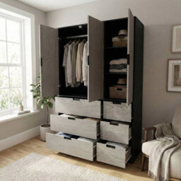 Urbn-Living Urbnliving Wooden 3 Door 6 Drawer Wardrobe Bedroom Storage Closet Shelves Hanging Rail Black Unit - Cedar Grey Doors Drawers - thumbnail 5