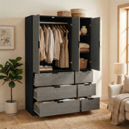 Urbn-Living Urbnliving Wooden 3 Door 6 Drawer Wardrobe Bedroom Storage Closet Shelves Hanging Rail Black Unit - Cedar Grey Doors Drawers - thumbnail 4
