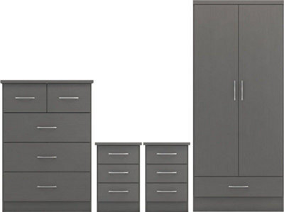 Seconique Nevada 4 Piece Bedroom Furniture Set 3D Effect Grey Finish  Wardrobe Chest  2 Bedside Tables - image 1