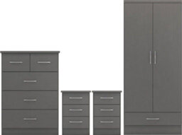 Seconique Nevada 4 Piece Bedroom Furniture Set 3D Effect Grey Finish  Wardrobe Chest  2 Bedside Tables - thumbnail 1
