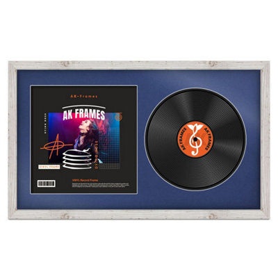"30X17"" White Rustic Modern Vinyl Record Frame With Blue Mount For 12 Inch Lp Album Cover & Disc - Ak Frames" - image 1