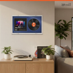 "30X17"" White Rustic Modern Vinyl Record Frame With Blue Mount For 12 Inch Lp Album Cover & Disc - Ak Frames" - thumbnail 5