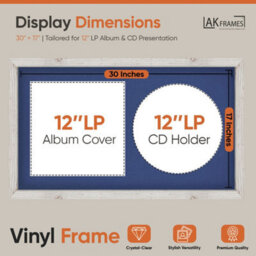 "30X17"" White Rustic Modern Vinyl Record Frame With Blue Mount For 12 Inch Lp Album Cover & Disc - Ak Frames" - thumbnail 2