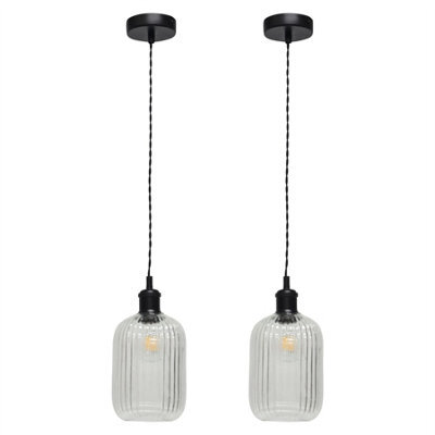 First Choice Lighting Set Of 2 Batley - Clear Ribbed Glass Black Retro Pendant Fittings - image 1