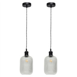 First Choice Lighting Set Of 2 Batley - Clear Ribbed Glass Black Retro Pendant Fittings - thumbnail 1