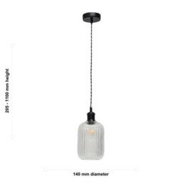 First Choice Lighting Set Of 2 Batley - Clear Ribbed Glass Black Retro Pendant Fittings - thumbnail 6