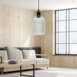 First Choice Lighting Set Of 2 Batley - Clear Ribbed Glass Black Retro Pendant Fittings - thumbnail 5