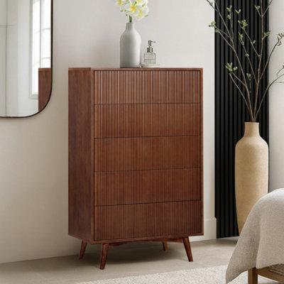 Teamson Home Tremolo Chest Of Drawers 5 Fluted Push-Open Drawer Bedroom Dresser, Walnut - image 1