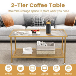 Costway 2-Tier Coffee Table Rectangle Cocktail Accent Table With Tempered Glass Top - thumbnail 6