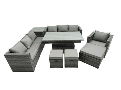 Fimous Pe Rattan Garden Furniture Set Lounge Sofa Rising Dining Table Set With Side Table 3 Footstool Dark Grey Mixed - image 1