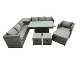 Fimous Pe Rattan Garden Furniture Set Lounge Sofa Rising Dining Table Set With Side Table 3 Footstool Dark Grey Mixed - thumbnail 1
