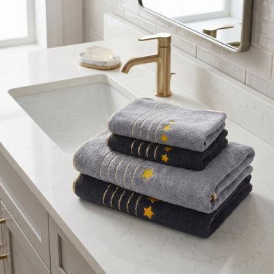 Living And Home 4 Pack Polyester Hand And Bath Towel Set Gold Star Striped Soft Absorbent Hanging Loop Bathroom Towels - image 1
