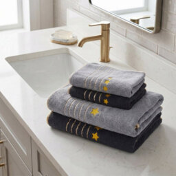 Living And Home 4 Pack Polyester Hand And Bath Towel Set Gold Star Striped Soft Absorbent Hanging Loop Bathroom Towels - thumbnail 1
