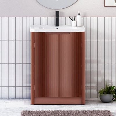 Royal Bathrooms Avenza 600mm Fluted Floor Standing Vanity Unit Terracotta Clay 2 Door Storage Cabinet With Ceramic Basin - image 1
