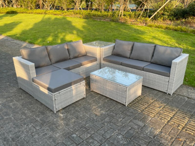 Fimous Light Grey Outdoor Rattan Garden Furniture Set Lounge Sofa Set 2 Coffee Table Big Footstool - image 1