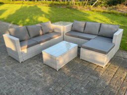 Fimous Light Grey Outdoor Rattan Garden Furniture Set Lounge Sofa Set 2 Coffee Table Big Footstool - thumbnail 2