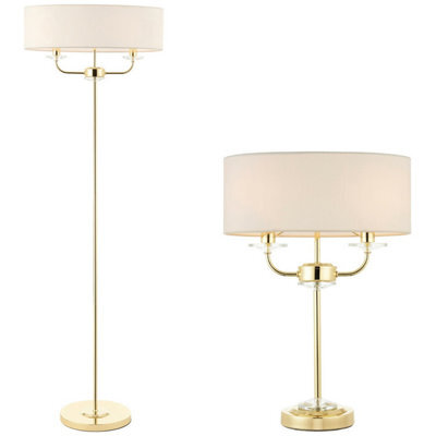 Standing Floor & Table Lamp Set Brass Crystal & Vintage White Shade Twin Light - image 1