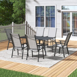 Thehotsale 150Cm L Garden Metal Slatted Coffee Table With Six Foldable Chairs Outdoor Table In Black - thumbnail 1