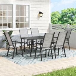 Thehotsale 150Cm L Garden Metal Slatted Coffee Table With Six Foldable Chairs Outdoor Table In Black - thumbnail 2