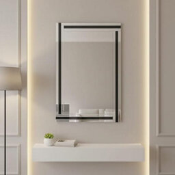 Deenz Rectangle Triple Stripes Wall Hung Mirror Glass Sleek Frame Large Bordered Edges Home Decoration Silver & Black 90 X 60 Cm - thumbnail 2