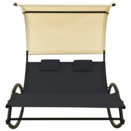 Vidaxl Double Sun Lounger With Canopy Textilene Black And Cream - thumbnail 2