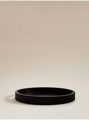 Biznest Sleek Black Ribbed Border Mdf Round Decorative Tray 4 Cm Deep Candle Holder Circular Design Display Unit Home Decor 34 Cm - image 1