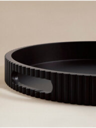 Biznest Sleek Black Ribbed Border Mdf Round Decorative Tray 4 Cm Deep Candle Holder Circular Design Display Unit Home Decor 34 Cm - thumbnail 3