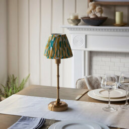 Luminosa Lighting Luminosa Burley Rechargeable Brushed Aged Brass Plate With Yellow Table Lamp With Jade Fabric Ikat Shade 16Cm Integrated Led - thumbnail 3
