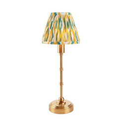 Luminosa Lighting Luminosa Burley Rechargeable Brushed Aged Brass Plate With Yellow Table Lamp With Jade Fabric Ikat Shade 16Cm Integrated Led