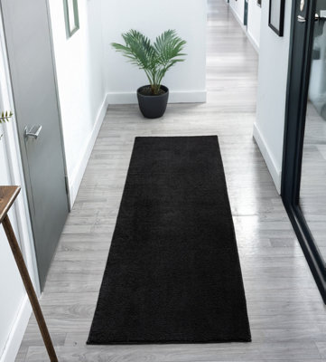 Comfy Washable Low Pile Living Room Area Rug - Anti-Slip Felt Backing Black 60Cm X 200Cm - image 1
