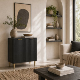 Wyld Haus Sutto Black Etched Sideboard With 2 Ribbed Doors And Gold Accents, Compact 60 X 40 X 80 Cm. - thumbnail 9