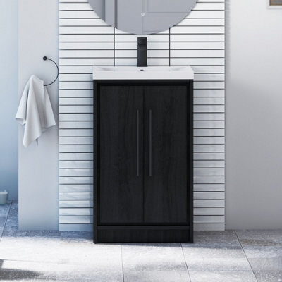 Royal Bathrooms Livora 500mm Black Woodgrain Floor Standing Vanity Cloakroom Unit 2 Door With Mid-Edge Basin & Matt Black Handle - image 1