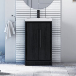 Royal Bathrooms Livora 500mm Black Woodgrain Floor Standing Vanity Cloakroom Unit 2 Door With Mid-Edge Basin & Matt Black Handle - thumbnail 1
