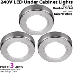 3 Pack Brushed Nickel Round Under Cabinet Led Kitchen Lighting Kit - 240V Mains Powered Natural White - thumbnail 2