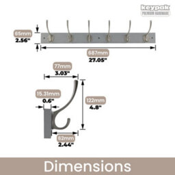 Keypak Victorian 6 Hook Wall-Mount Wooden Coat Rack, 68Cm - Dove Bloc With Satin Nickel Hooks - Fixings Included - thumbnail 3