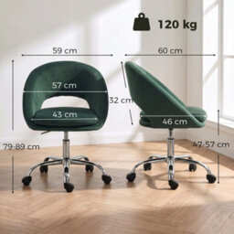 Homcom Velvet Desk Chair With Height-Adjustable, Wheels, Dark Green - thumbnail 3