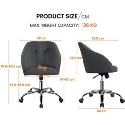 Yaheetech Height Adjustable Swivel Desk Chair With Castors And Armrests - Grey / Velvet - thumbnail 4