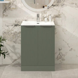 Royal Bathrooms Evora 600mm Sage Green Fluted Floor Standing Bathroom Vanity Unit 2 Door Cabinet Storage With Ceramic Basin Sink - 1 Tap Hole