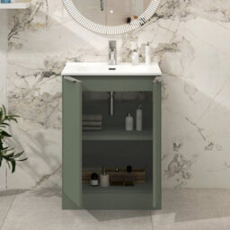Royal Bathrooms Evora 600mm Sage Green Fluted Floor Standing Bathroom Vanity Unit 2 Door Cabinet Storage With Ceramic Basin Sink - 1 Tap Hole - thumbnail 3