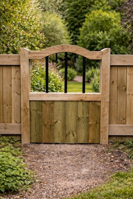 MD Carpentry Workshop LTD Wooden Garden Gate With Curved Top Pressure Treated Outdoor Fence Gate With Metal Spindles (90Cm Hight X 99Cm Wide X 5Cm Deep)