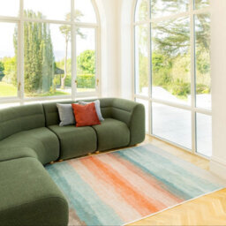 Loomed Striped Abstract Cotton Chenille Rug Blue Beige Terracotta Machine Washable 160Cm X 230Cm - thumbnail 9